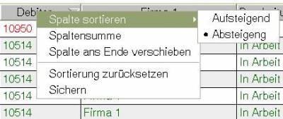 Kontextmenü in Übersichtsliste